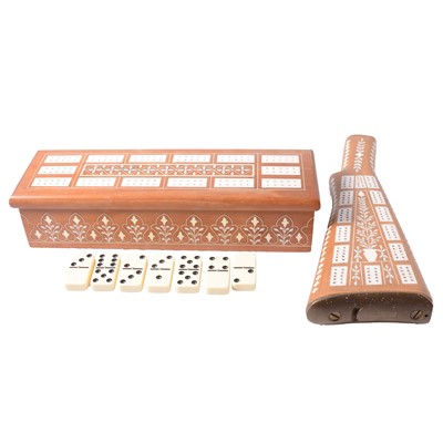 Lot 97 - Two Indian bone-inlaid cribbage boards, and a set of dominoes