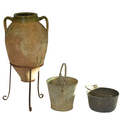 Lot 411 - Terracotta Greek urn on a stand, and two galvanised pans