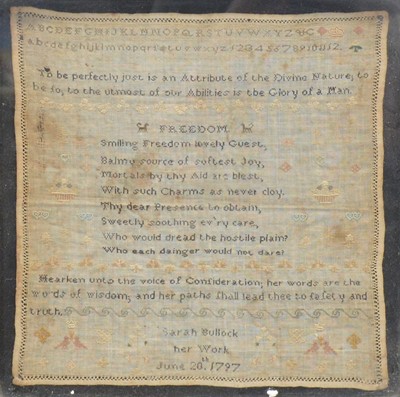 Lot 272 - Three Georgian samplers, another 19th Century, and a 1919 'Stuart' needlework panel