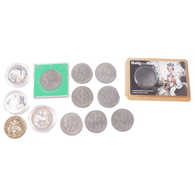Lot 173 - Three silver proof coins with gold cameos, gold-plated coin, and royal commemoratives.