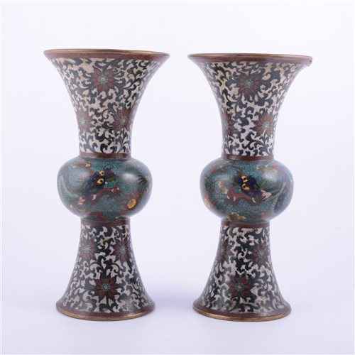 Lot 78 - Pair of Chinese gu-shape cloisonne vases, each...