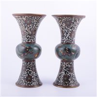 Lot 78 - Pair of Chinese gu-shape cloisonne vases, each...