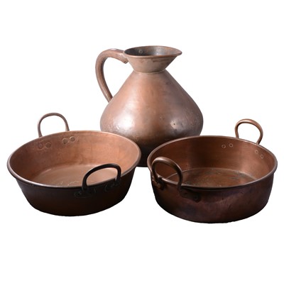 Lot 141 - 5 Gallon copper haystack, and two large copper jam pans