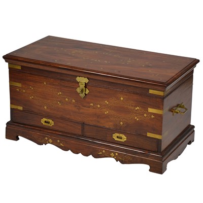 Lot 386 - South Asian brass inlaid hardwood coffer