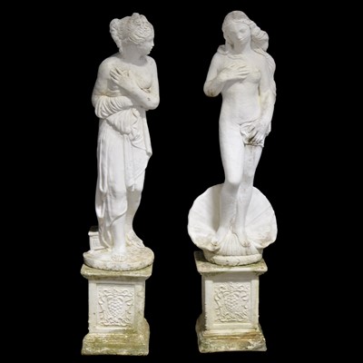 Lot 419 - Pair of concrete garden statues on plinths, The Bather, and Venus