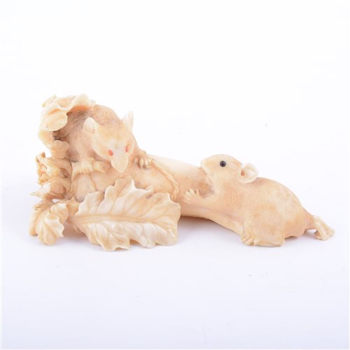 Lot 87 - Japanese carved ivory group of two mice on a...