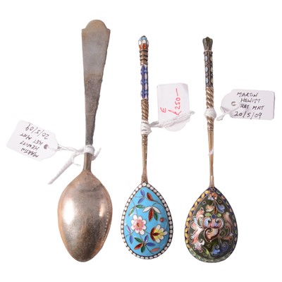 Lot 199 - Two Imperial Russian gilt white metal and cloisonne spoons, and another.