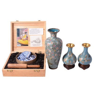 Lot 81 - Three Chinese cloisonne vases, and a Chinese dragon singing bowl