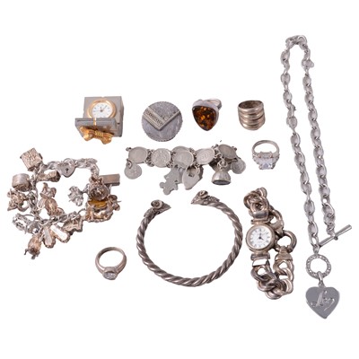 Lot 492 - A silver charm bracelet, coin bracelet, and other silver, white metal, and costume jewellery.