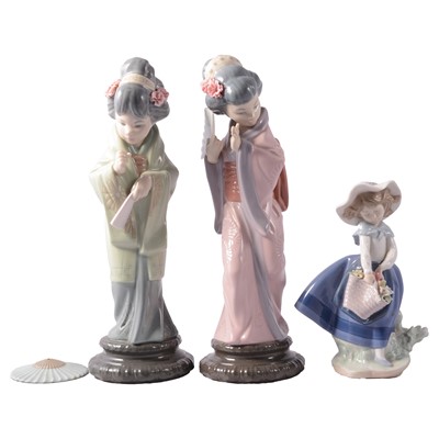 Lot 47 - Lladro, two Geisha figures and another girl with flowers