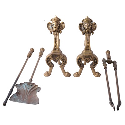 Lot 129 - Pair of brass fire dogs and set of irons