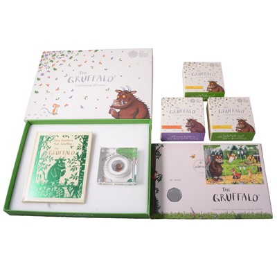 Lot 179 - Royal Mint The Gruffalo Gift Set, three silver proof coins, and stamp and silver proof coin cover.