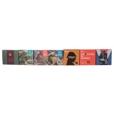 Lot 188 - Seven Silver Proof Coins, dinosaurs, Sherlock Holmes, Rosalind Franklin, Brexit, VE Day Anniversary.
