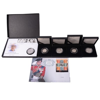 Lot 186 - Four Royal Family Silver Proof Coins, a Stamp and Silver Proof Coin Cover, and another stamp and coin cover.