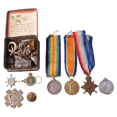 Lot 160 - Group of WW1 service medals, military badges, buttons, etc.