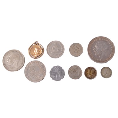 Lot 168 - Gold-plated fob, and coins, mostly silver content.