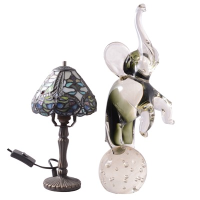 Lot 67 - Smoky glass model of a performing elephant and a Tiffany style table lamp