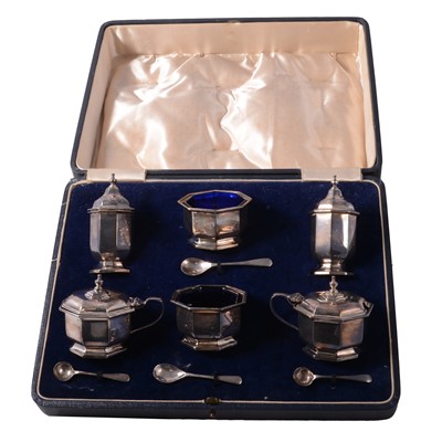 Lot 218 - Silver six-piece condiments set, William Neale & Son Ltd, Birmingham 1934.