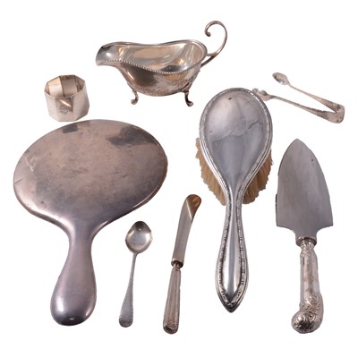 Lot 208 - Silver sauce boat, Walker & Hall, Birmingham 1947, and other silver items.