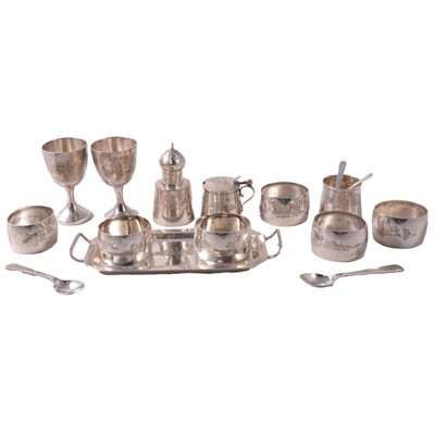 Lot 219 - Pair of Chinese white metal eggcups and spoons, and Arabic white metal condiments and napkin rings.