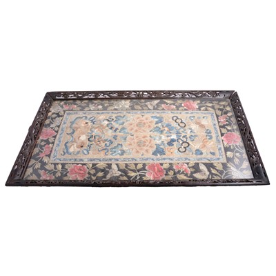 Lot 113 - Chinese carved wood and silk panel tray, and pair of lacquered vases