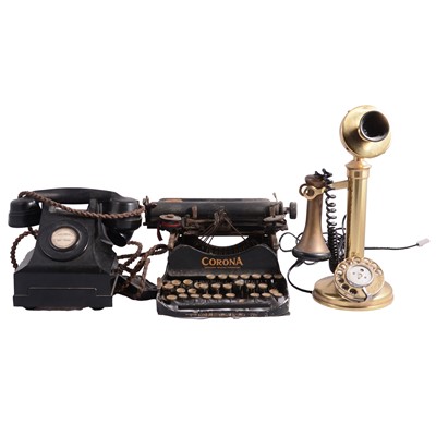Lot 106 - Candlestick telephone, a bakelite telephone and a vintage typewriter