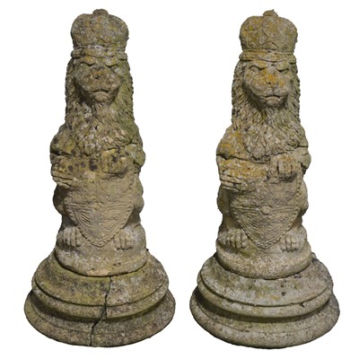 Lot 443 - Pair of garden reconstituted stone armorial lions