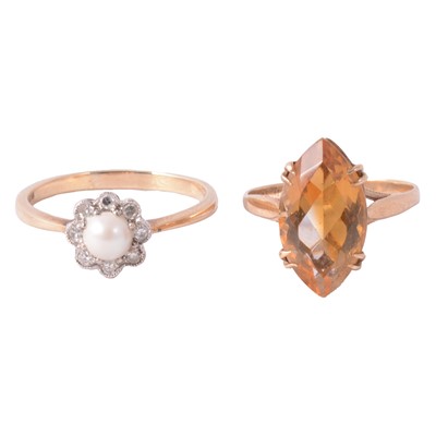 Lot 117 - A pearl and diamond ring, and a citrine ring.