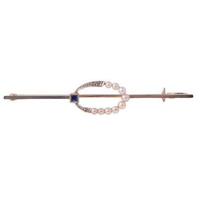 Lot 220 - A sapphire, diamond and seed pearl bar brooch.
