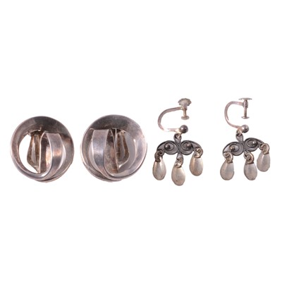 Lot 469 - Two pairs of Scandinavian white metal earrings.