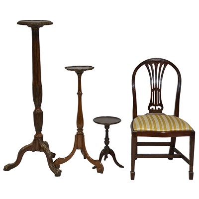 Lot 359 - Hepplewhite style mahogany torchiere; two other stands and a dining chair