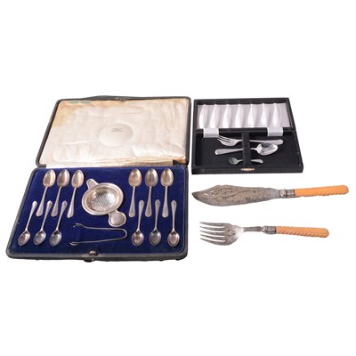 Lot 273 - Set of silver teaspoons, spoons, and sugar nips, Cooper Brothers & Sons Ltd, Sheffield 1922-3, and other items.