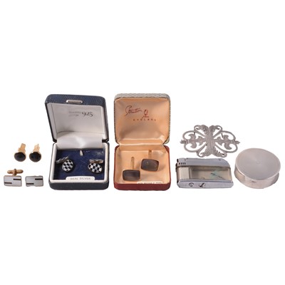 Lot 487 - A silver nurse's buckle, silver compact box, cigarette lighter, and white metal and other cufflinks.