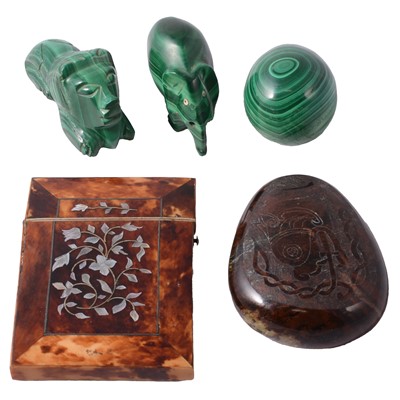 Lot 329 - A tortoiseshell card case, three pieces of malachite, and a carved Celtic Beast.
