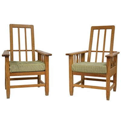 Lot 402 - Pair of Arts and Crafts oak-framed reclining armchairs