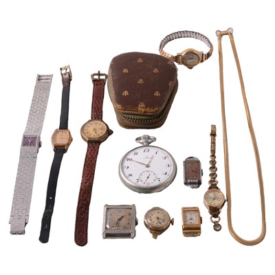 Lot 448 - Omega - an open face pocket watch, nine vintage wristwatches, and a gilt metal chain.