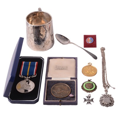 Lot 537 - A silver and yellow metal shield fob on a chain, medals, pins, and small silver items.