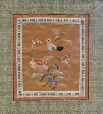 Lot 301A - Circular gros point needlework panel, three Chinese silk panels, and a bird print