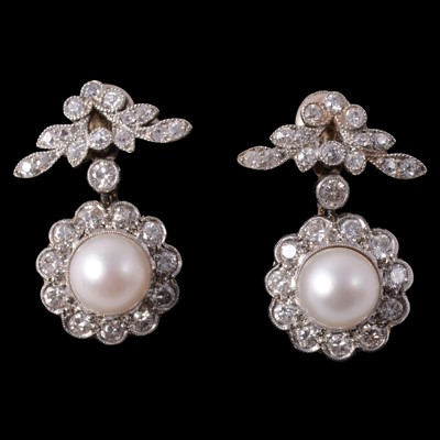 Lot 178 - A pair of pearl and diamond drop earrings.