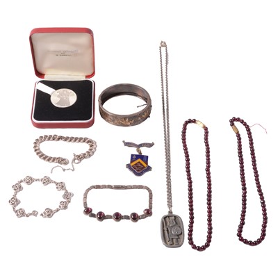 Lot 539 - A silver half hinged bangle, garnet necklaces, and other jewellery.