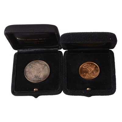 Lot 320 - Brazil - A gold 300 cruzeiros coin and a silver 20 cruzeiros coin.