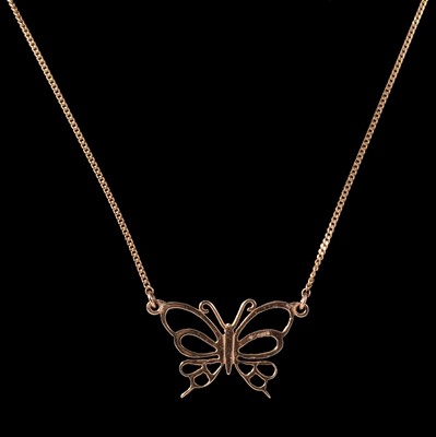 Lot 237 - A 9 carat yellow gold butterfly pendant necklace.