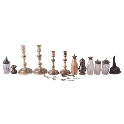 Lot 315 - Quantity of silver-mounted glass bottles, silver sugar sifter, two pairs of weighted candletsicks, etc