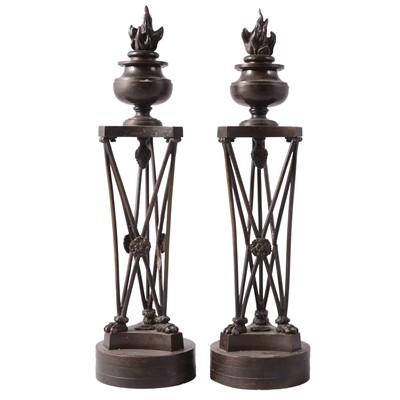 Lot 63 - Pair of French bronze brazier candlesticks
