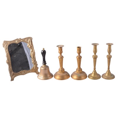 Lot 151 - Brass handbell, Art Nouveau style easel mirror, candelsticks, etc