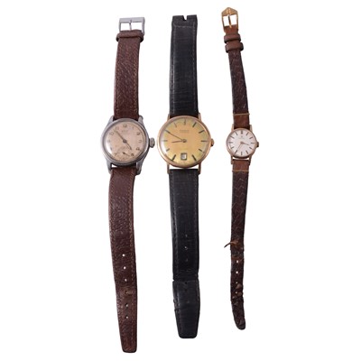 Lot 444 - Omega and Tissot - three vintage yellow metal and stainless steel manual wind wristwatches.