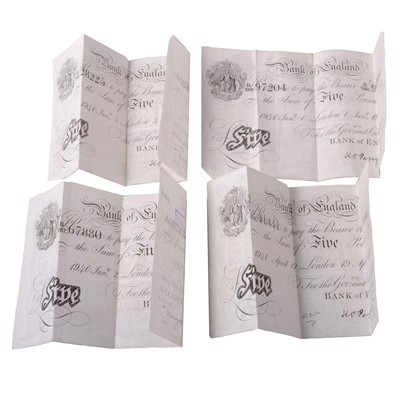 Lot 266 - Four white Peppiatt £5 notes wartime issue.