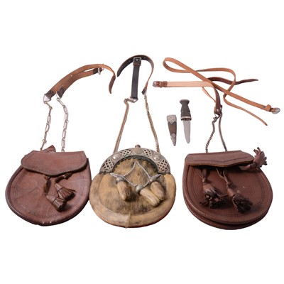 Lot 175 - Sporran and sgian dubh with white-metal mounts, with two leather sporrans