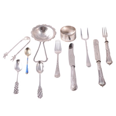 Lot 308 - Silver strainer, and other sundry silver flatware and silver-handled cutlery
