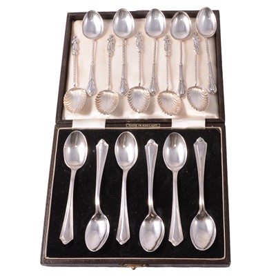 Lot 309 - Cased set of six silver teaspoons, and two sets of five teaspoons